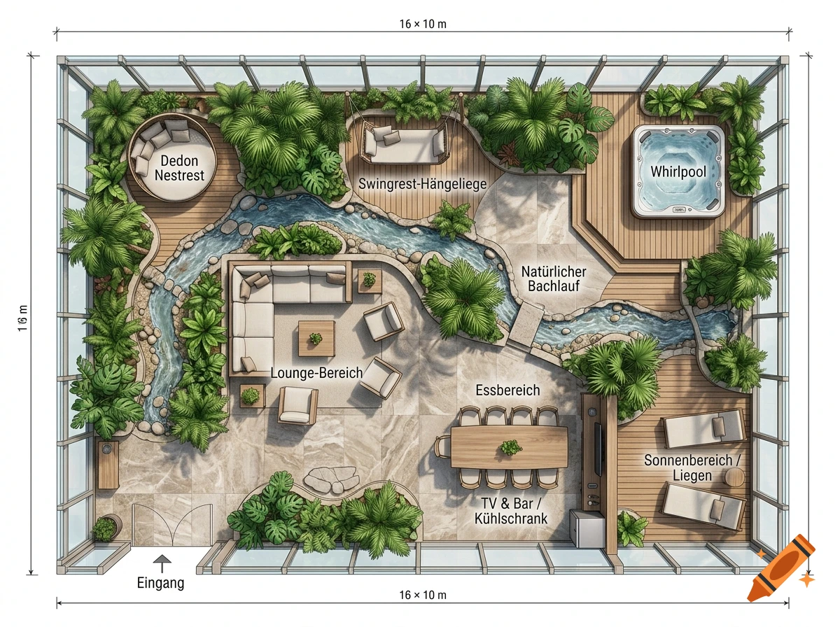 Top-down architectural floor plan of a modern conservatory with a lounge, whirlpool, stream, and abundant tropical plants.