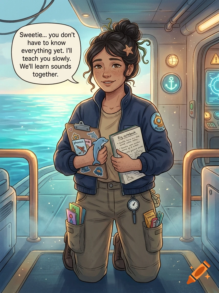 Illustration of a smiling female diver kneeling in a submarine, holding a clipboard and notebook, with a speech bubble.