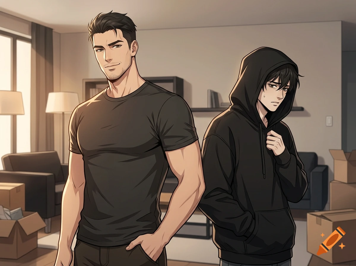 Anime visual novel illustration of a confident man and an anxious man in a hoodie inside a modern apartment with moving boxes.