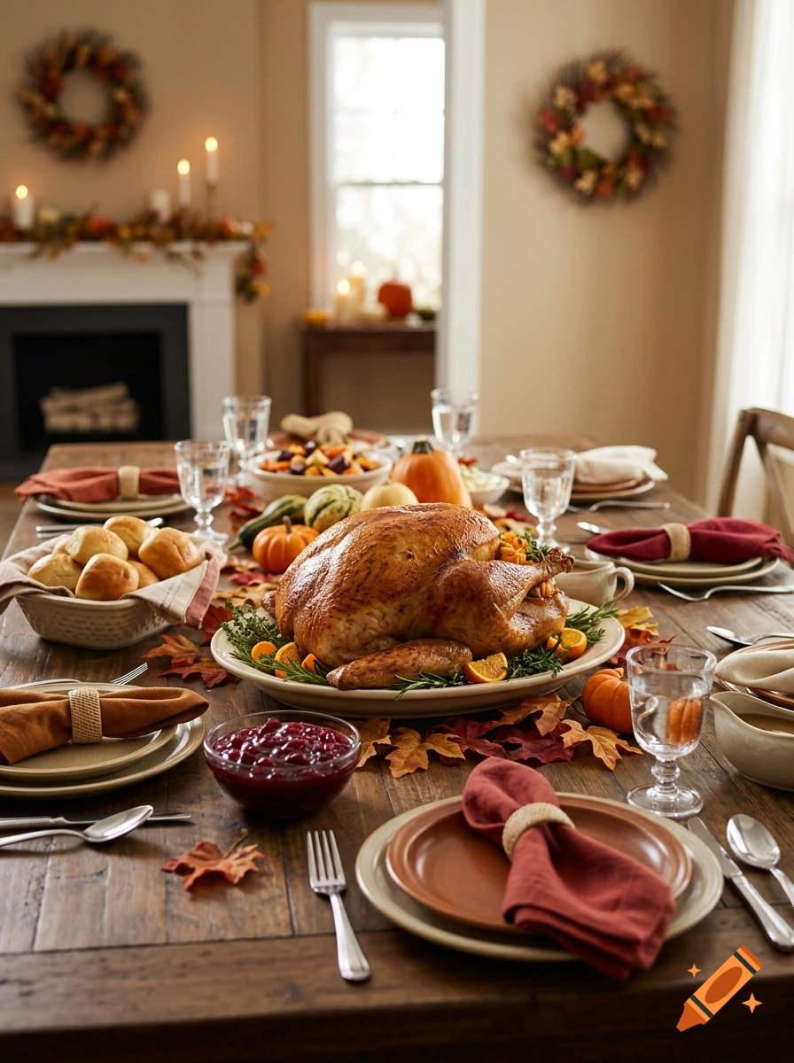 Photorealistic Thanksgiving dinner table setting with a roasted turkey, side dishes, and autumn decor.