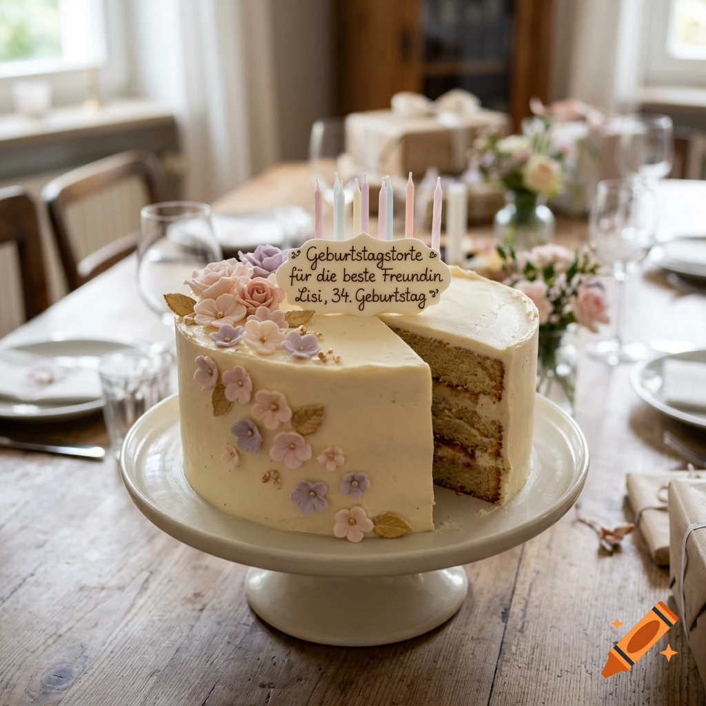 Photorealistic image of a decorated birthday cake with a slice cut out, set on a wooden dining table with candles and flowers.