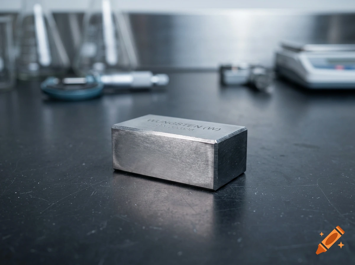 Photorealistic image of a metal block labeled tungsten on a dark metallic workbench in a laboratory setting.