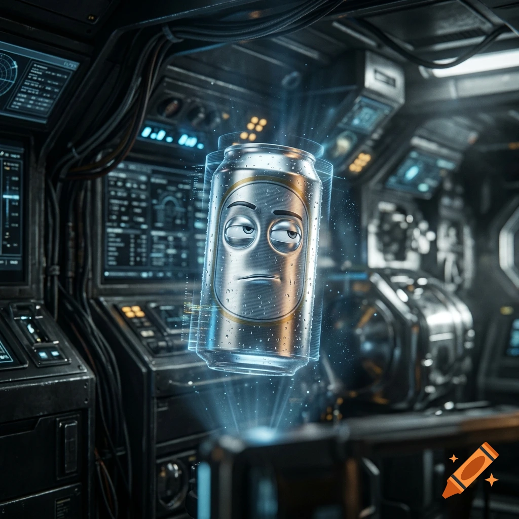 A metallic beer can with a sarcastic facial expression hovers as a hologram inside a futuristic spaceship cockpit.