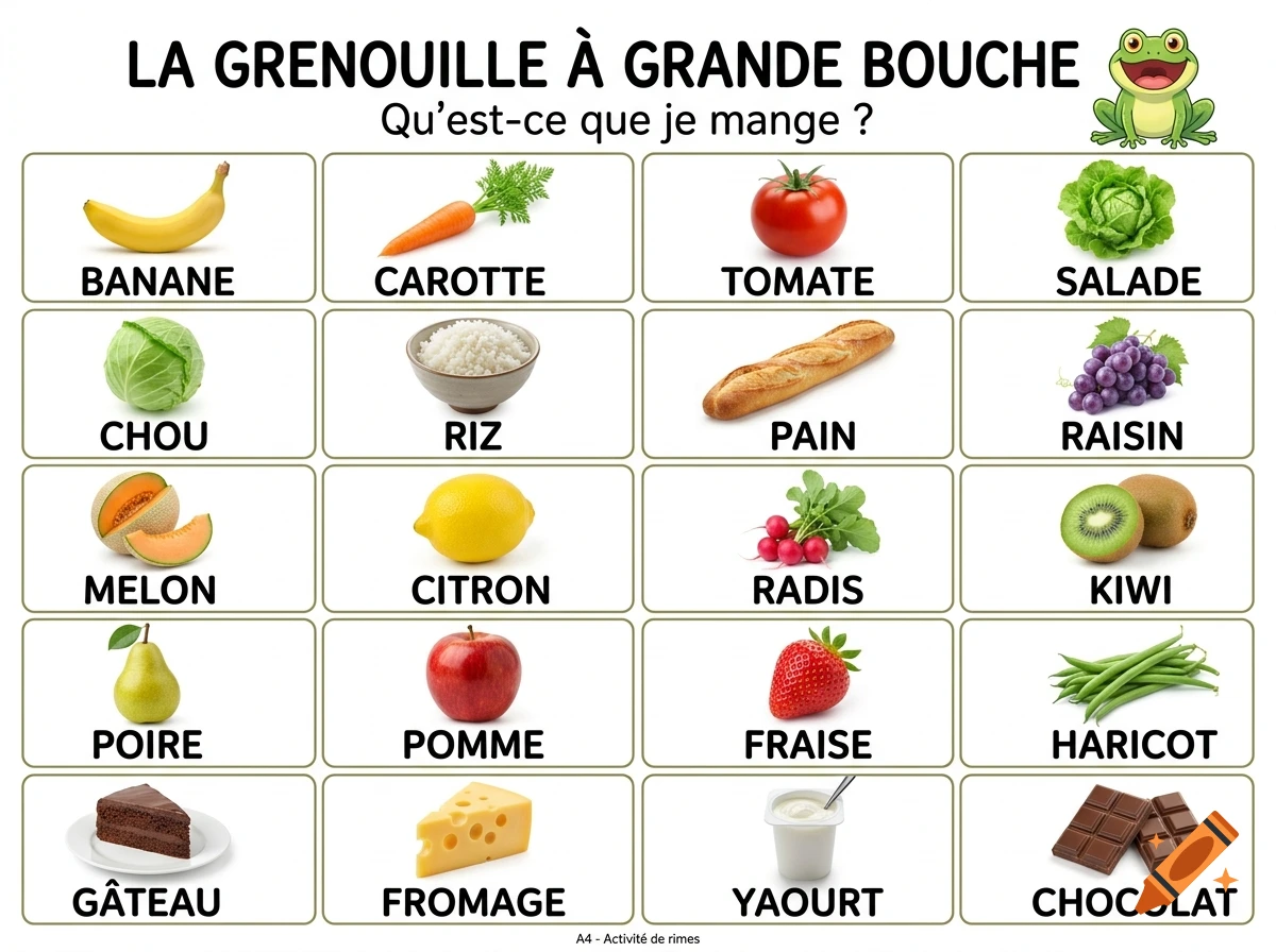 An educational flashcard sheet featuring a frog illustration, French titles, and a grid of various foods with their names underneath.