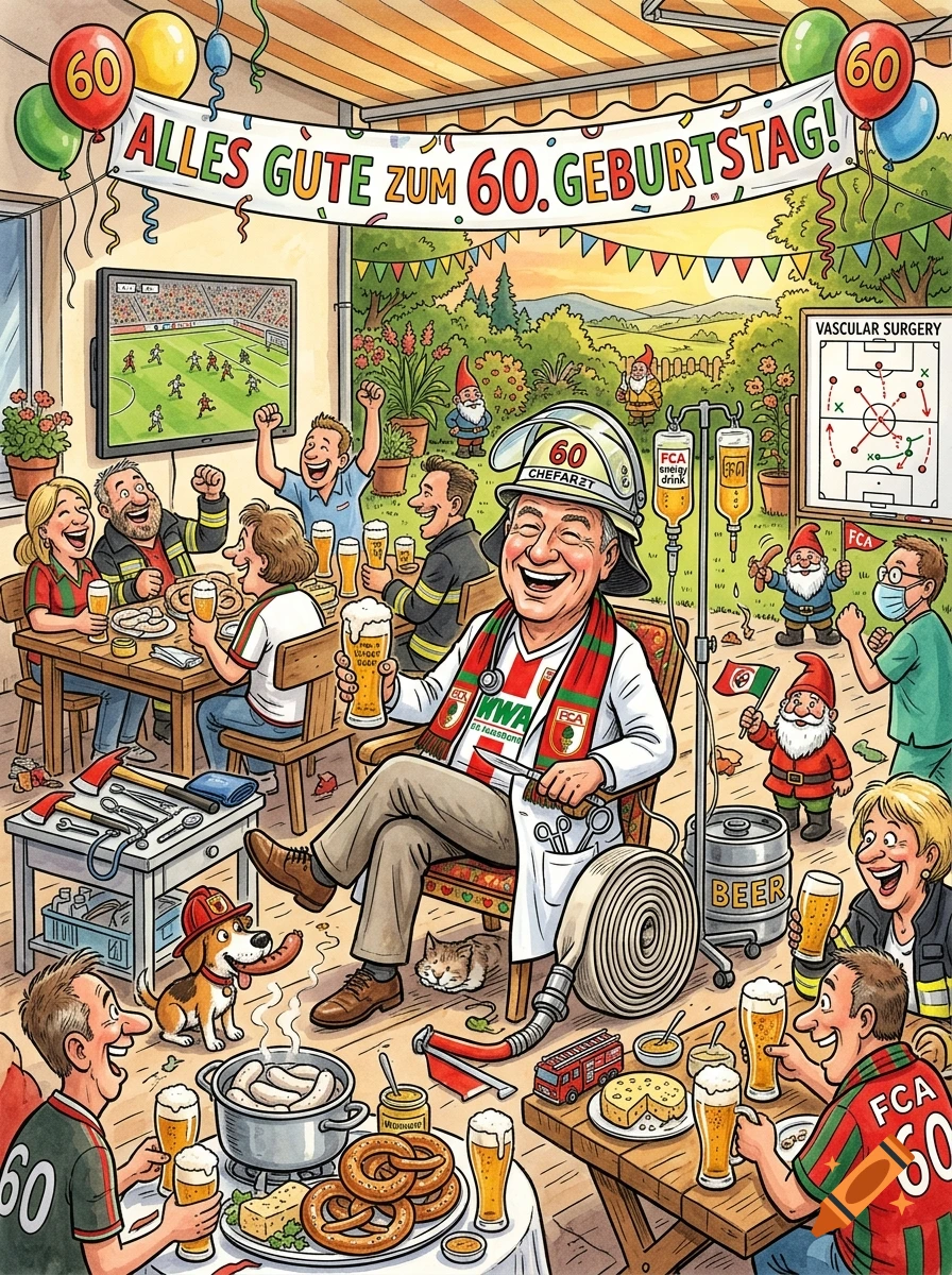 A humorous cartoon illustration celebrating a 60th birthday with friends, drinks, and various funny details.