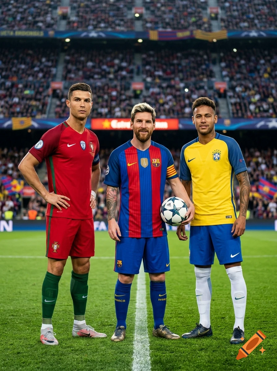 Photorealistic full-body portrait of Cristiano Ronaldo, Lionel Messi, and Neymar standing together on a soccer field in a stadium.
