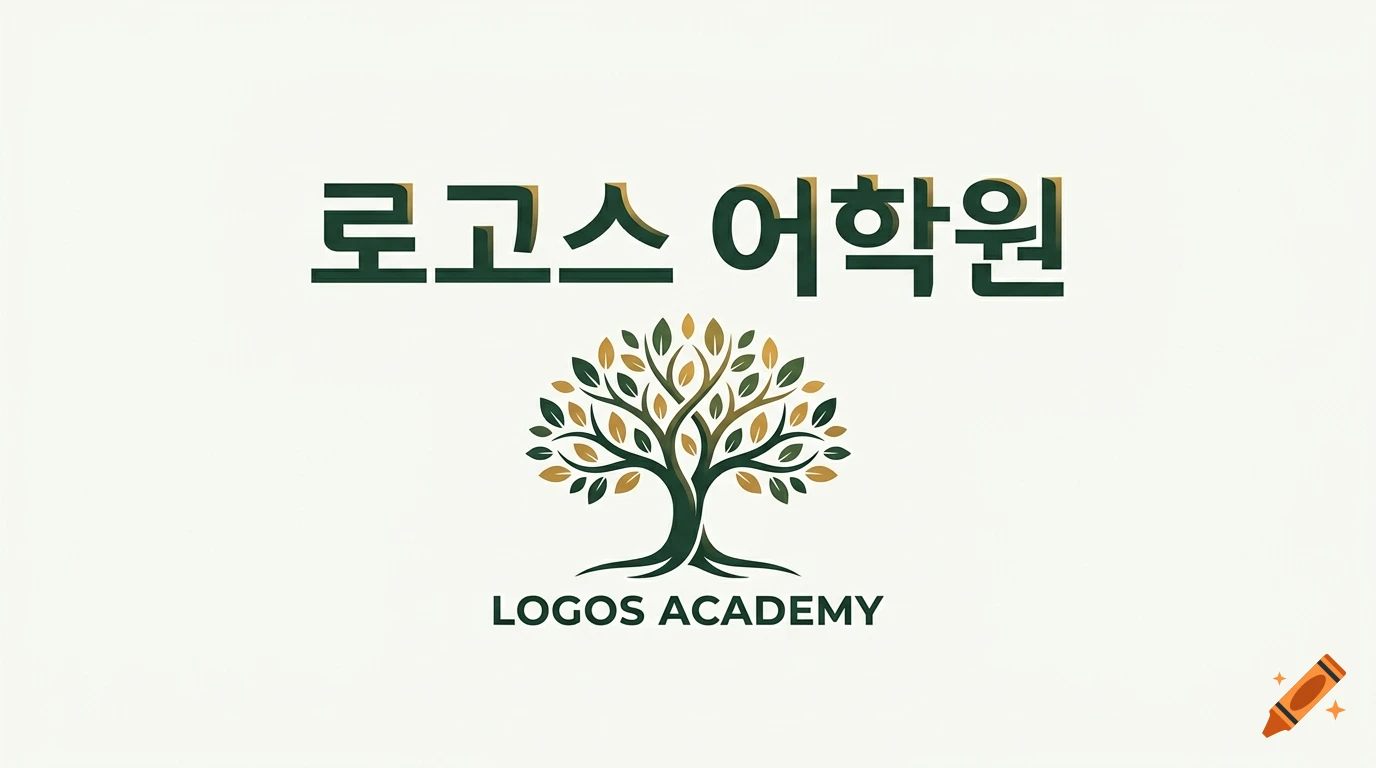 Logos Academy logo featuring Korean text above a stylized tree and English text on an off-white background.