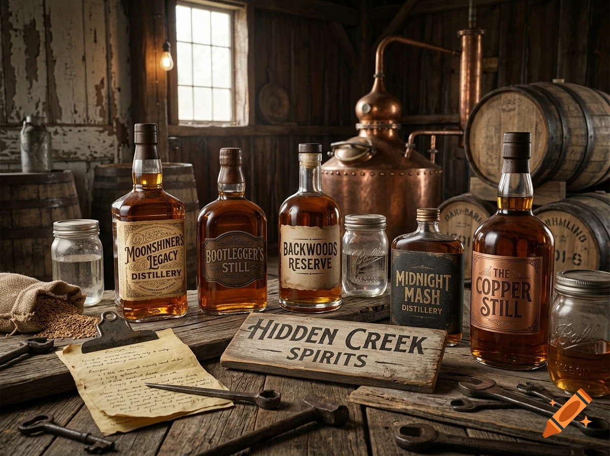 Photorealistic still life of whiskey bottles, mason jars, and a wooden sign labeled Hidden Creek Spirits in a rustic barn.