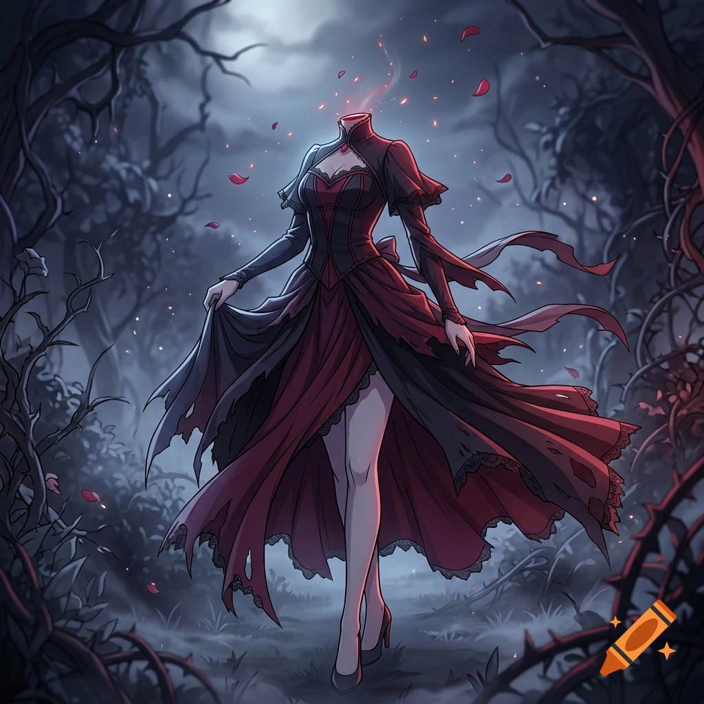 Anime style illustration of a headless woman in a gothic red and black dress standing in a dark, thorny forest.