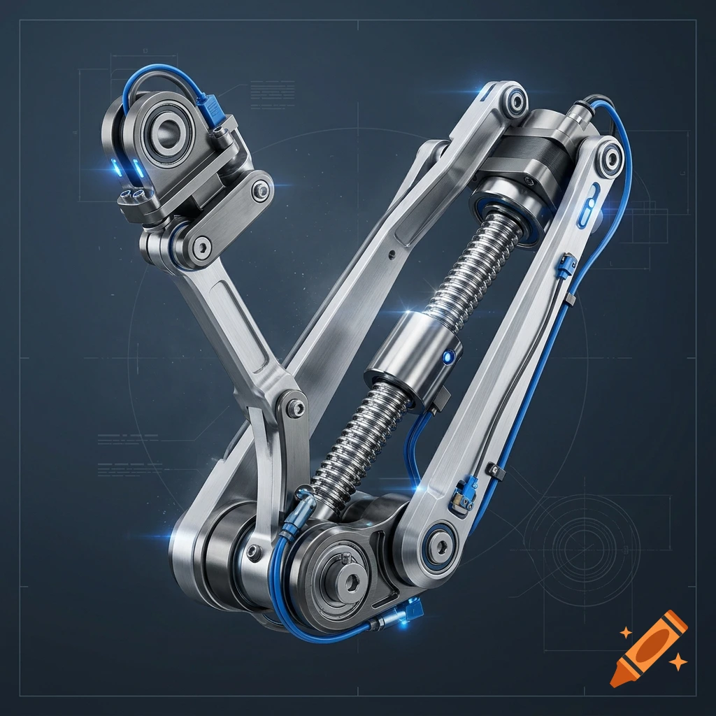 Photorealistic 3D render of a robotic elbow mechanism featuring a 4-bar linkage and ball screw against a blueprint background.
