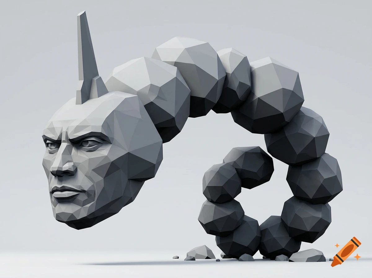 A low-poly 3D render of an Onix-like creature with a human male facial structure on its head, set against a plain grey background.