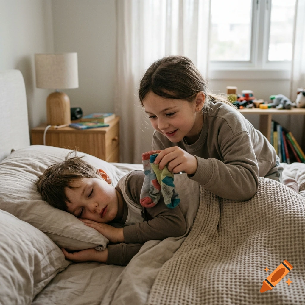 A young girl smiling while holding a colorful sock over a sleeping boy in bed.