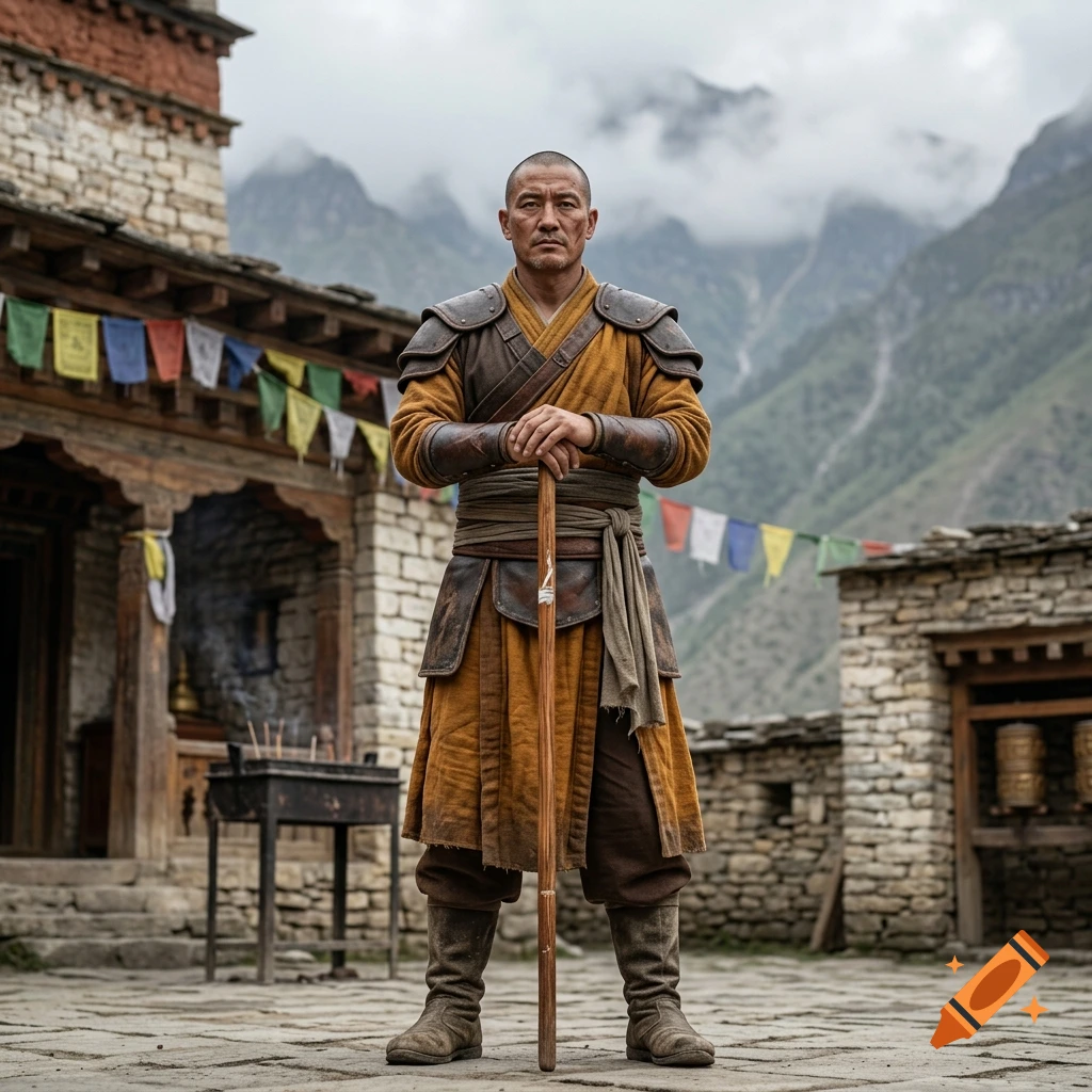 A photorealistic full-body portrait of a bald warrior monk holding a wooden staff, standing in a Himalayan stone courtyard with prayer flags.