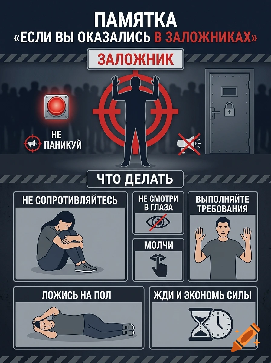 Informational infographic poster in Russian with safety instructions for hostages, featuring illustrated icons and text blocks.