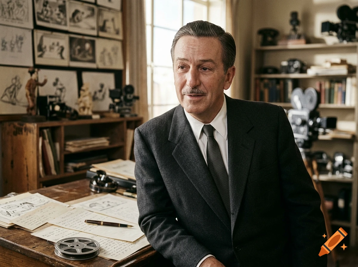Photorealistic portrait of Walt Disney in a vintage office setting with storyboards and film equipment.