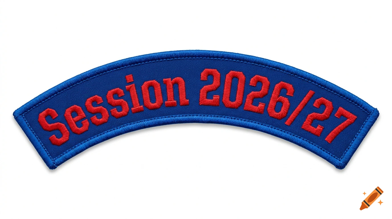 An arched blue embroidered patch featuring the red text Session 2026/27.