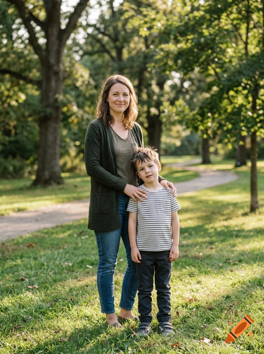 A woman and a young boy stand outdoors on a grassy path surrounded by trees.