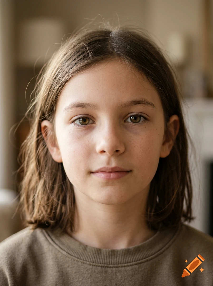 Photorealistic close-up portrait of an 11-year-old child with brown hair and warm brown eyes, wearing a brown sweater.