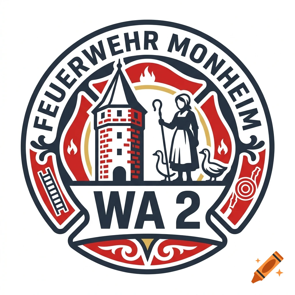 Round firefighter logo for Monheim with a tower, woman, geese, and the text FEUERWEHR MONHEIM and WA 2.