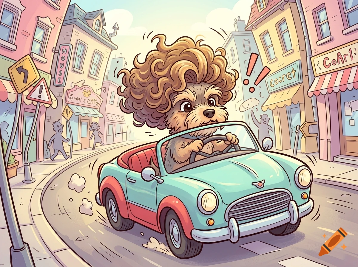 An illustration of a fluffy, curly-haired dog driving a teal and red convertible car down a busy city street.
