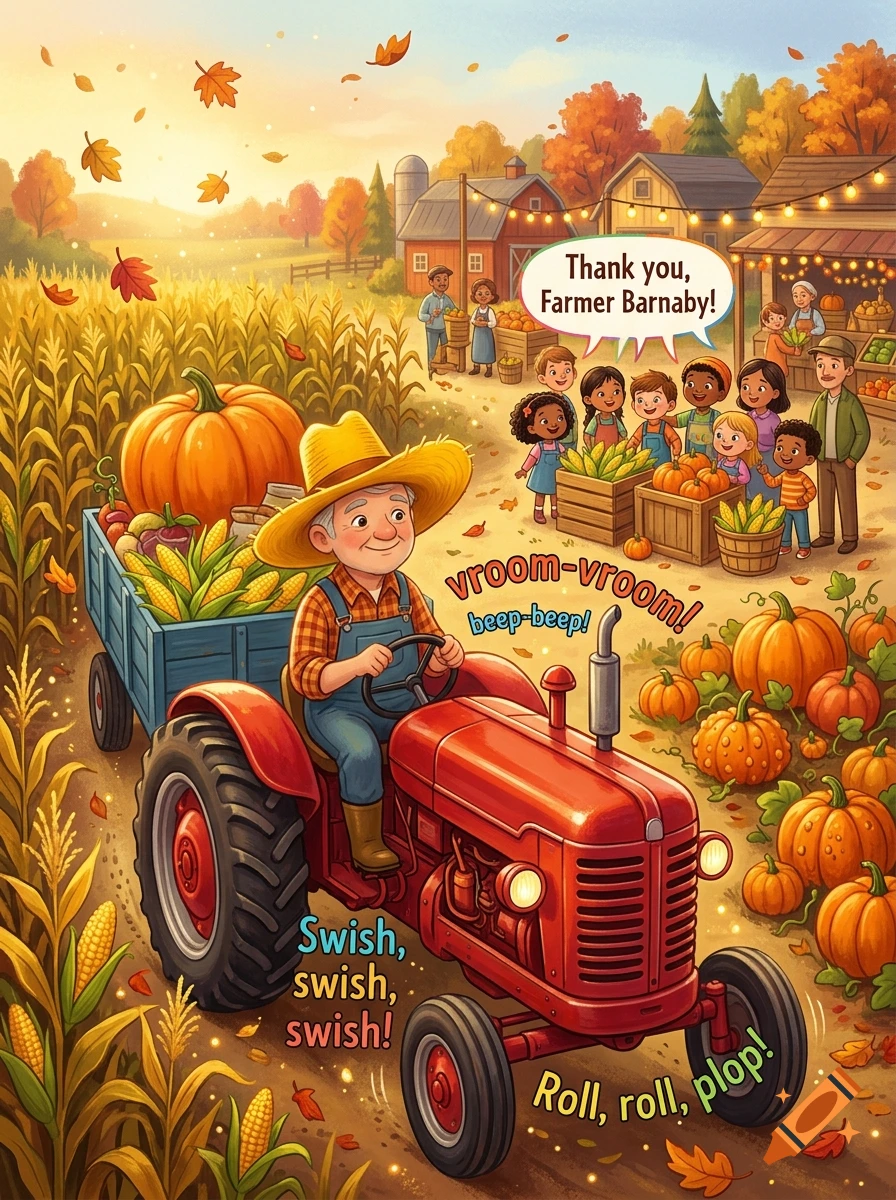 Children's book illustration of a smiling farmer driving a red tractor loaded with pumpkins and corn, children waving in the background.