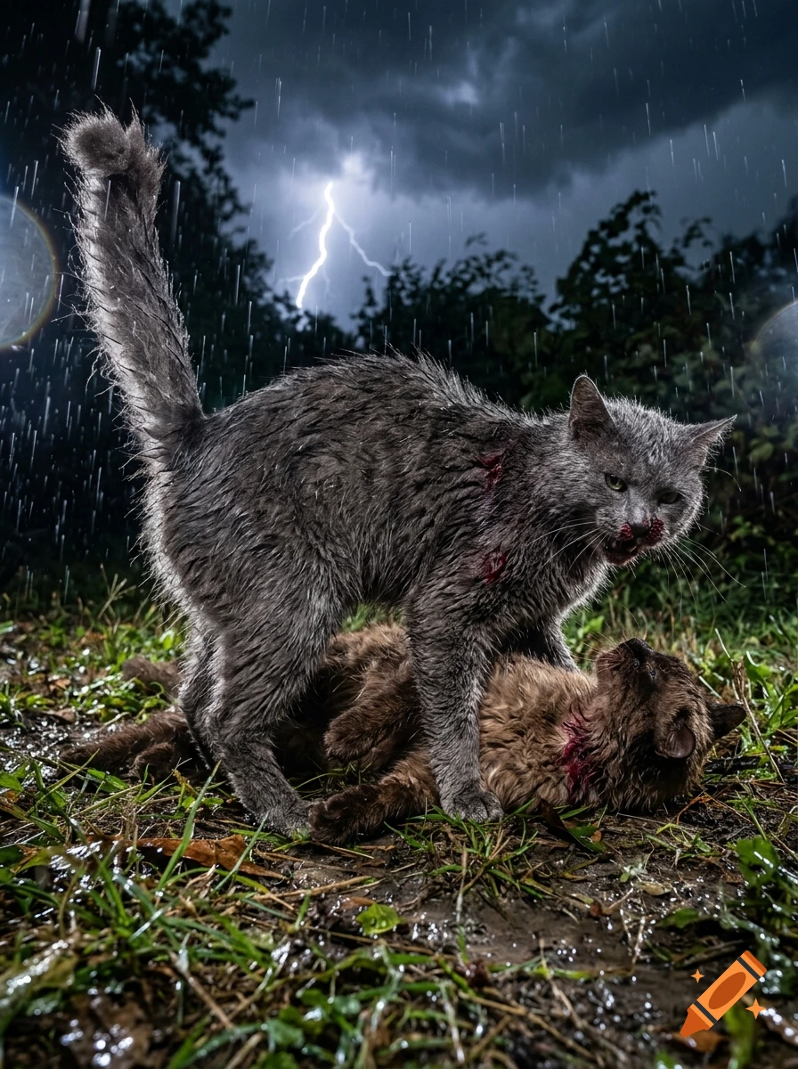 Photorealistic image of a grey cat standing over a wounded brown cat in the rain during a thunderstorm with lightning in the background.