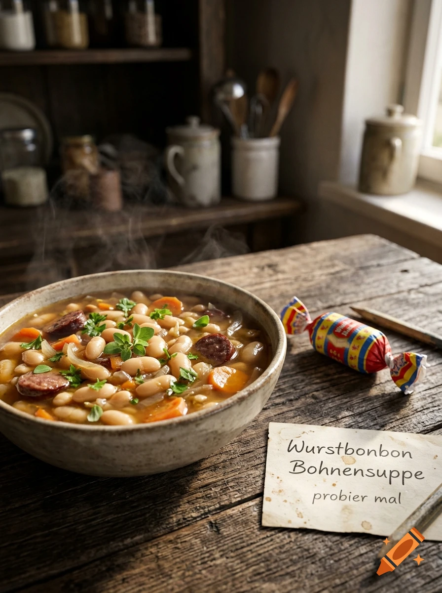 Photorealistic bowl of white bean soup with sausage and carrots on a rustic wooden table with a handwritten note and a wrapped candy.