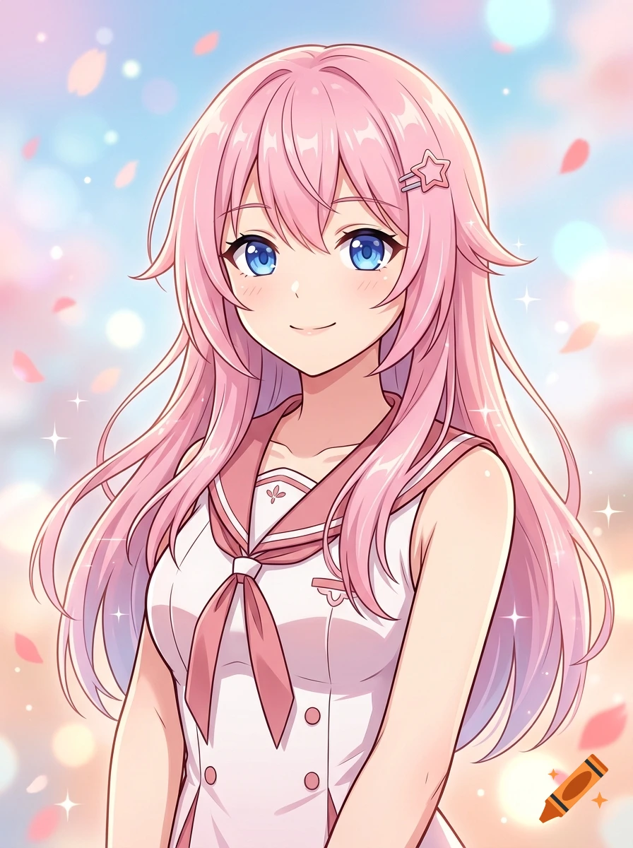 Anime style portrait of a smiling girl with pink hair and blue eyes wearing a white and pink sailor uniform against a bokeh background.