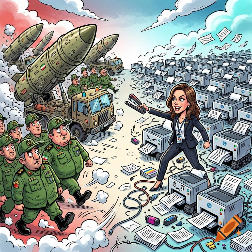 Cartoon illustration of an Iranian military group with missiles facing a woman leading an army of HP printers, in a political satire style.