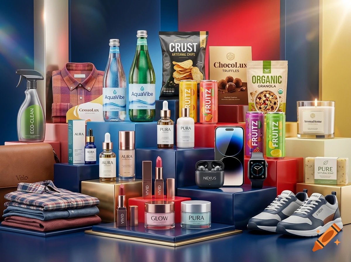 Commercial product display featuring various branded items like drinks, snacks, cosmetics, and electronics arranged on colorful pedestals.