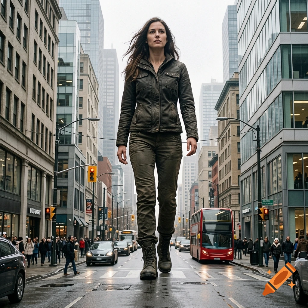 A low-angle full-body shot of a woman walking down the middle of a busy city street flanked by tall buildings, cars, and a red bus.