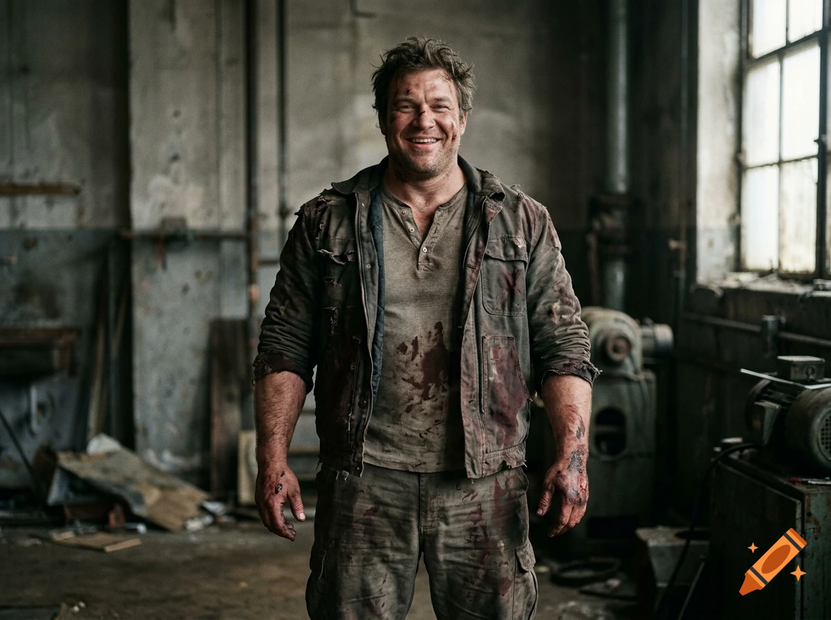 Photorealistic medium shot of a smiling, muscular man covered in blood stains standing in an industrial warehouse.