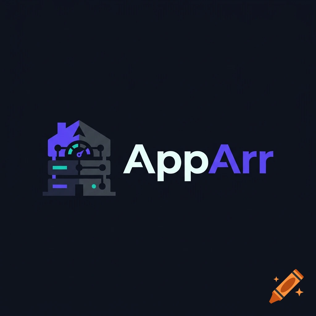 Minimalist vector logo featuring a house-shaped server icon next to the text AppArr in purple and white on a dark background.