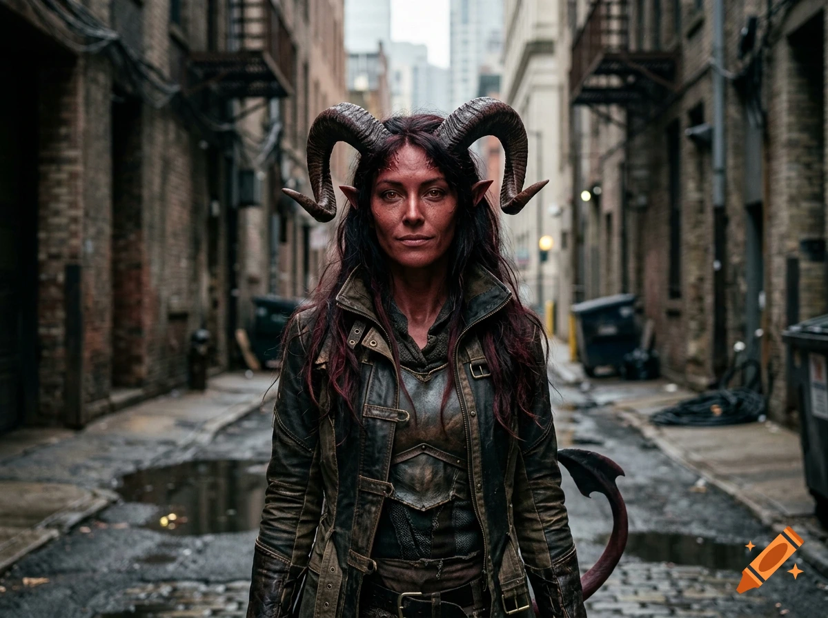 Photorealistic portrait of a female tiefling with large horns and red skin standing in a narrow urban alleyway.