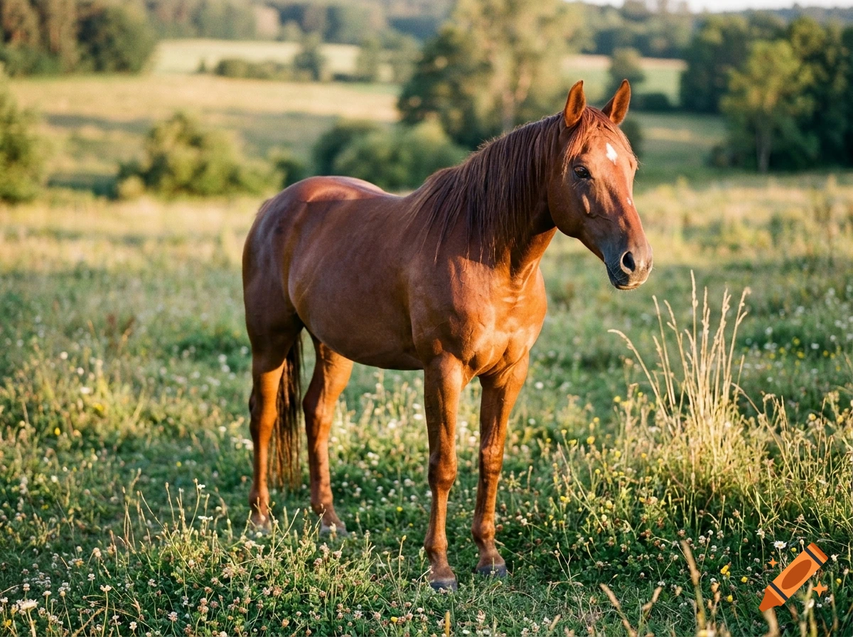 Photorealistic image of a brown horse standing in a sunlit grassy field with trees in the background.