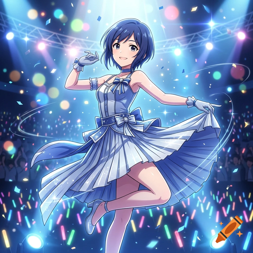 Anime illustration of a blue-haired idol dancing in a sparkling dress on a stage with concert lights.