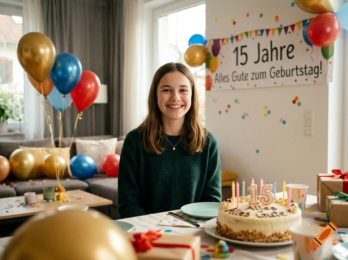 A smiling young girl sitting at a table with a birthday cake and balloons in the background, photorealistic.