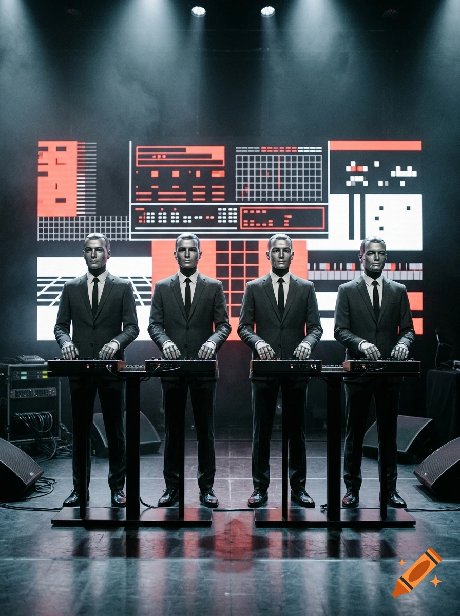 Four identical musicians dressed in dark suits and ties stand in a row on a stage, playing electronic music keyboards with a large graphic display in the background.