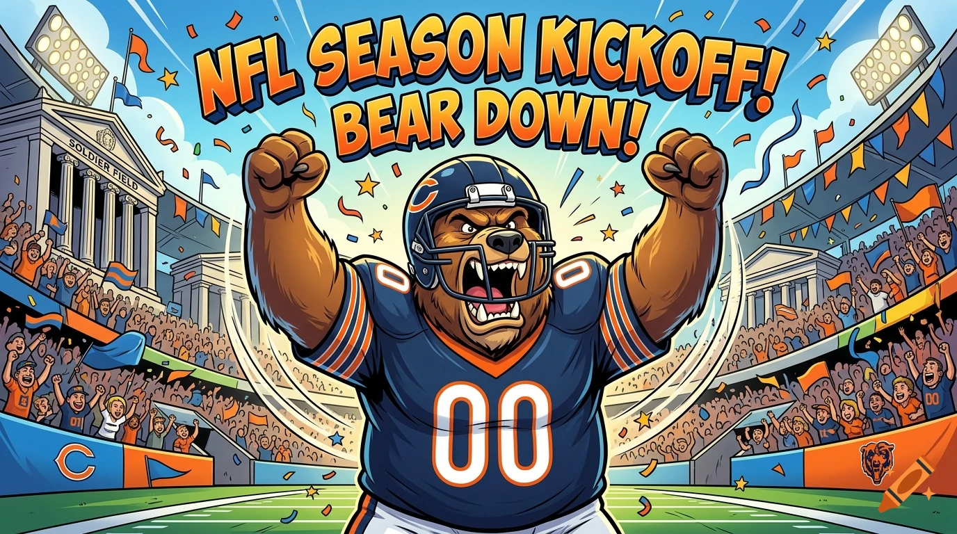 Colorful comic illustration of a fierce bear in a Chicago Bears jersey celebrating in a packed football stadium.
