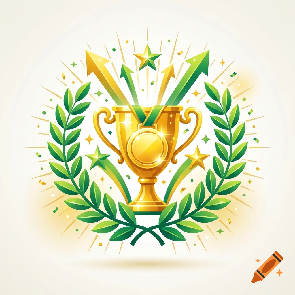 A golden trophy with a medal, surrounded by green laurel leaves, stars, and upward-pointing arrows on a light background.