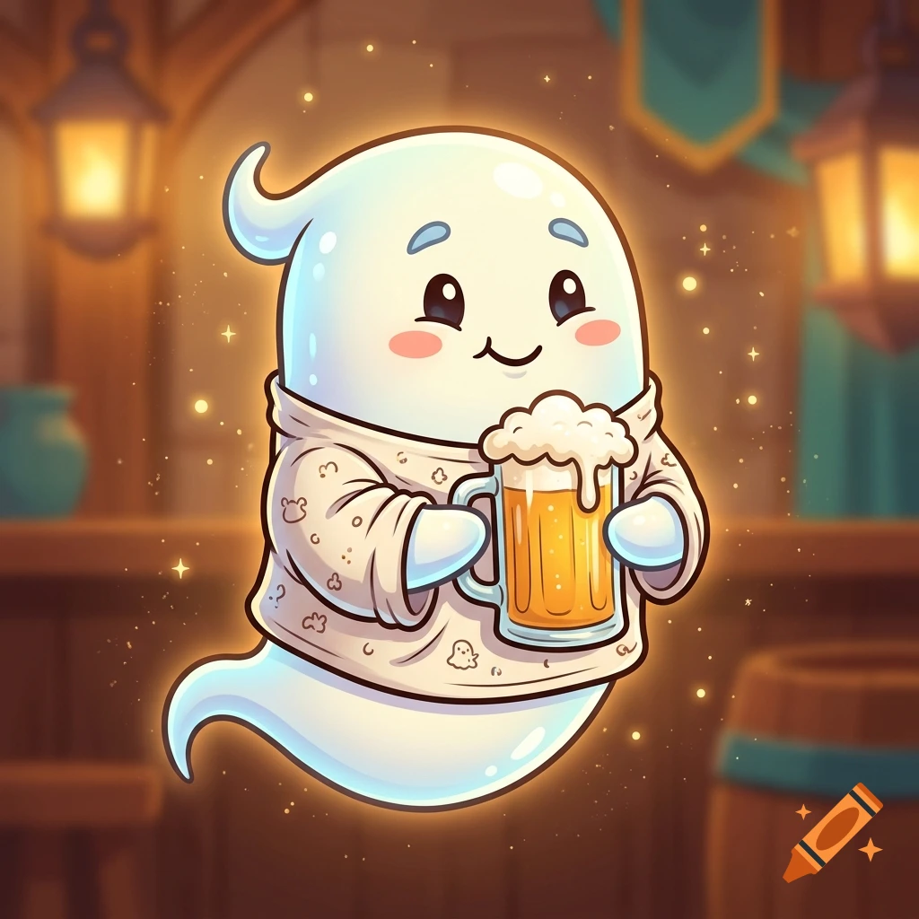 Cute cartoon ghost wearing a shirt and holding a mug of foamy beer inside a tavern