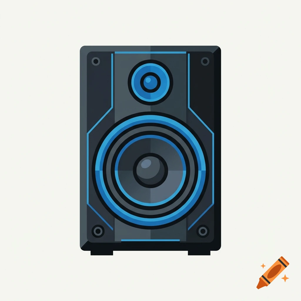 Digital illustration of a modern black and blue audio speaker on a neutral background.