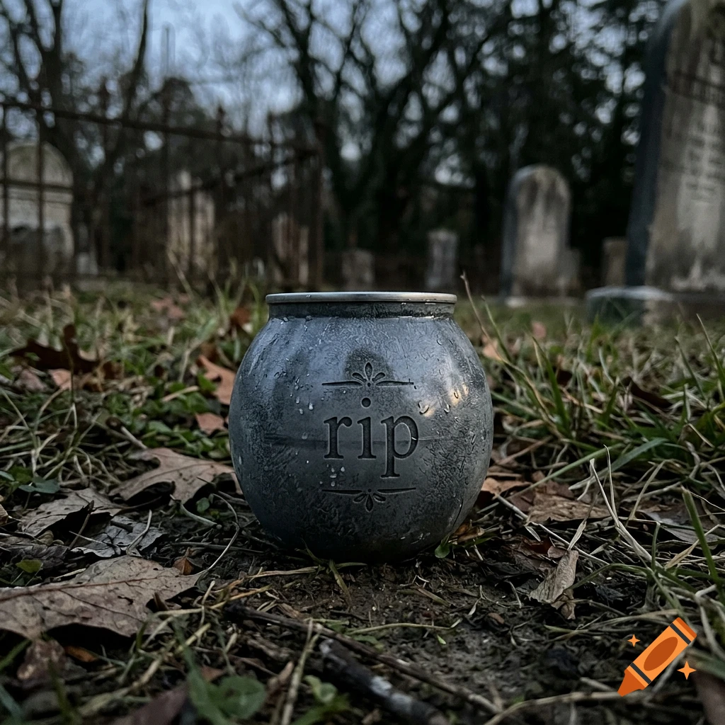 A gravestone-shaped BuzzBallz container with the letters rip engraved on it, sitting on the ground in a cemetery.