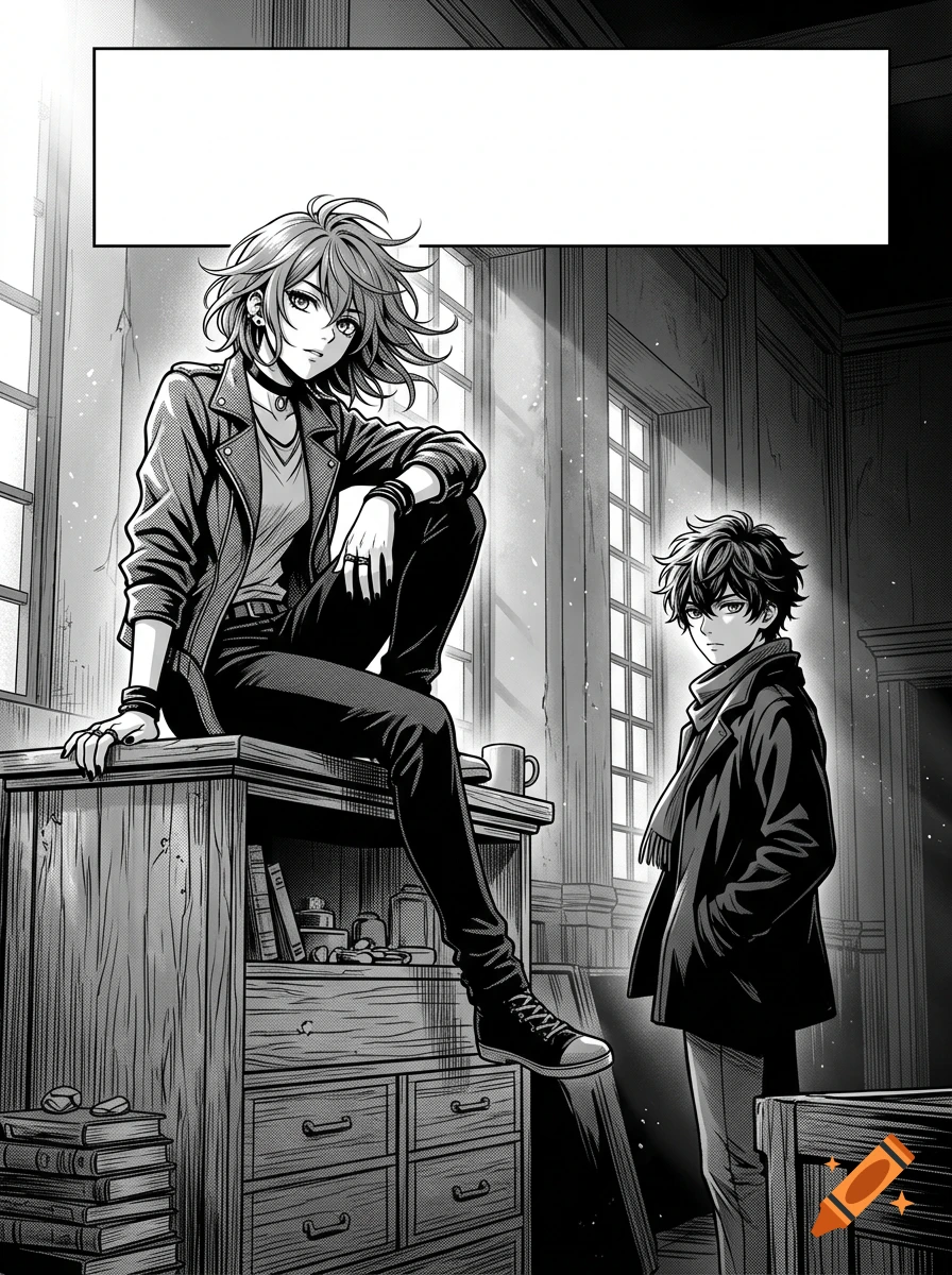 Black and white manga style illustration of a young woman sitting on a wooden cabinet with a boy standing in the background.