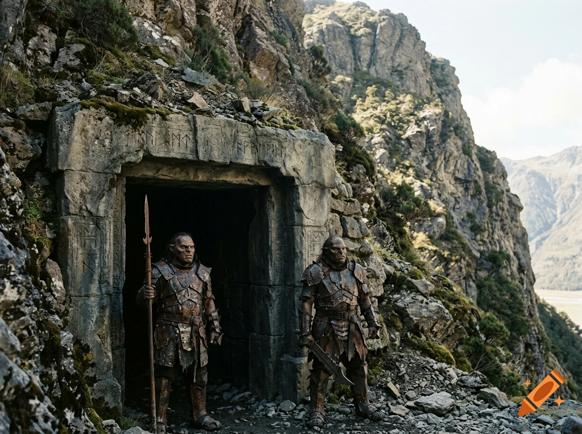Photorealistic image of two armored orcs guarding a dwarfish stone mine entrance in a rocky mountain side.
