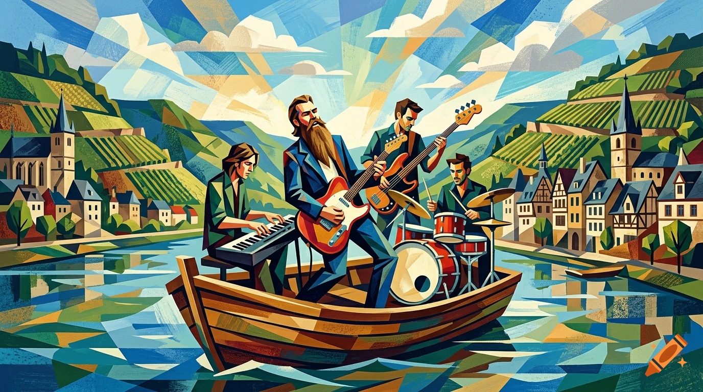 An illustration of a four-piece band performing on a small wooden boat floating on a river, with European-style town buildings and rolling hills along the banks.