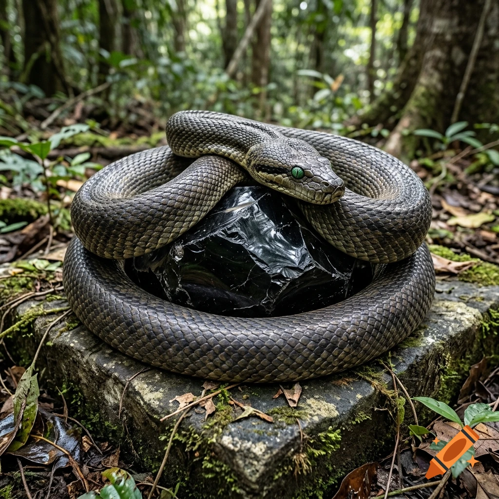 Photorealistic image of a dark serpent with emerald green eyes coiled around a jagged black obsidian stone in a lush forest.