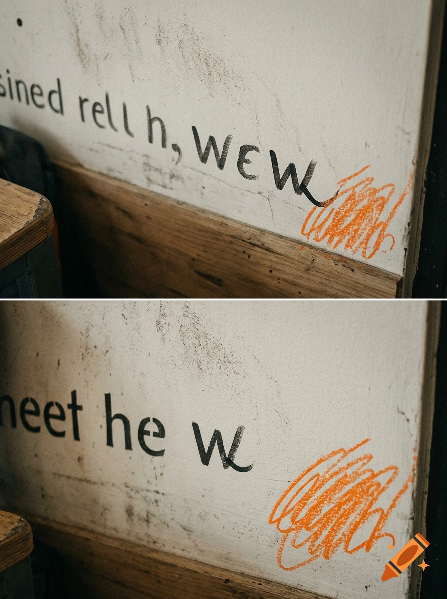 Before and after comparison showing wall graffiti with crayon scribble and altered text.