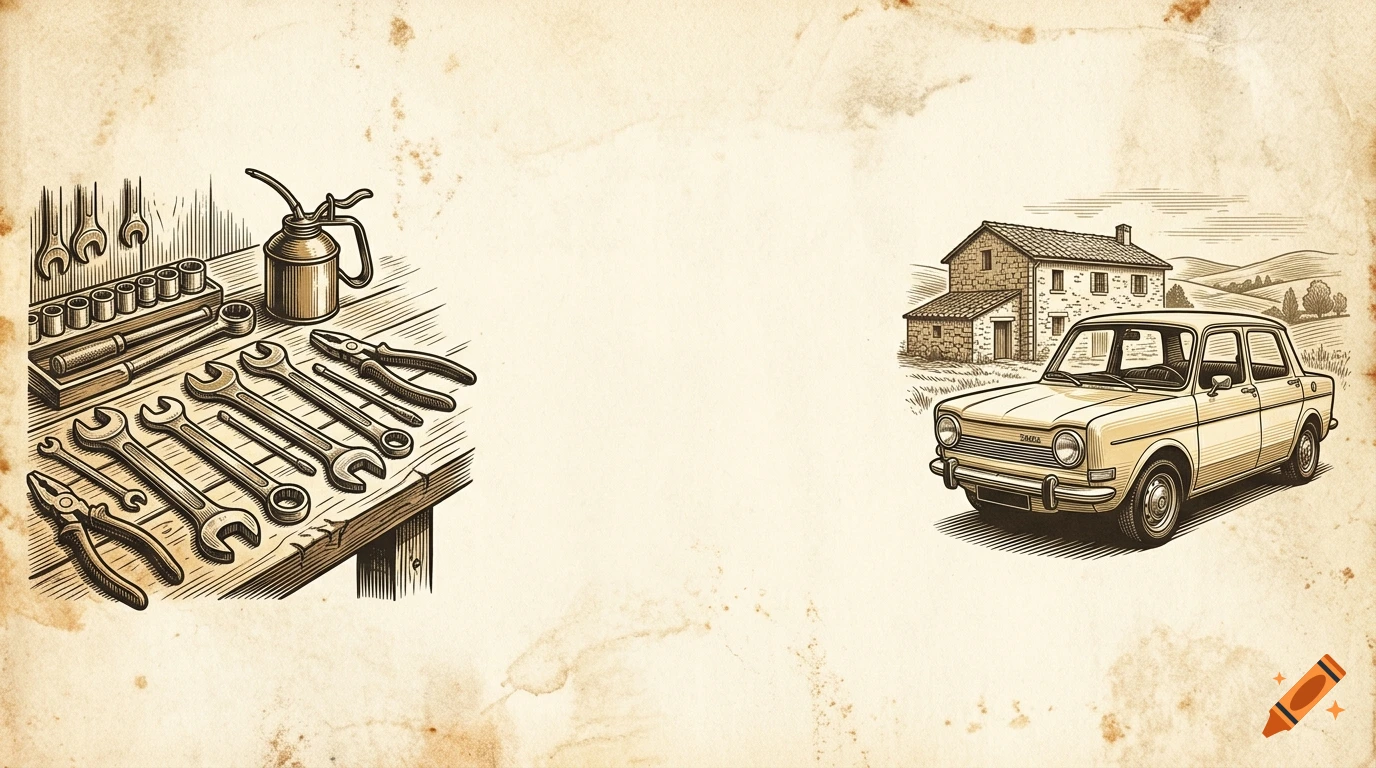 Vintage banner with woodcut engraving of mechanic tools on a workbench and a 1970s Simca sedan by a stone farmhouse on aged paper.