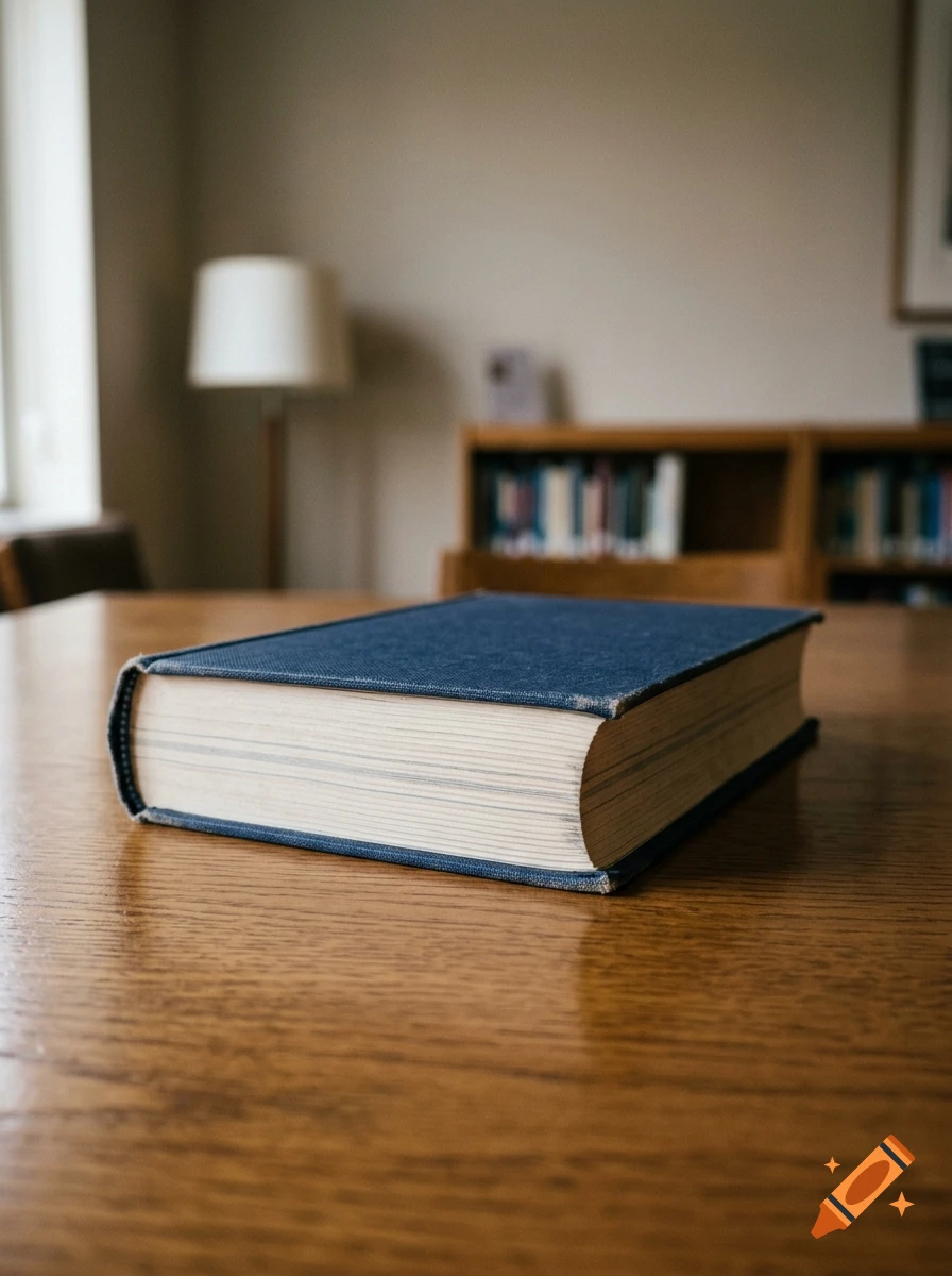 A blue hardcover book lies closed on a wooden table in a room with a lamp and bookshelf in the background, photorealistic.